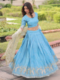 Delightful Sky Blue Sequins Crush Evening Wear Lehenga Choli With Dupatta