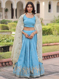 Delightful Sky Blue Sequins Crush Evening Wear Lehenga Choli With Dupatta