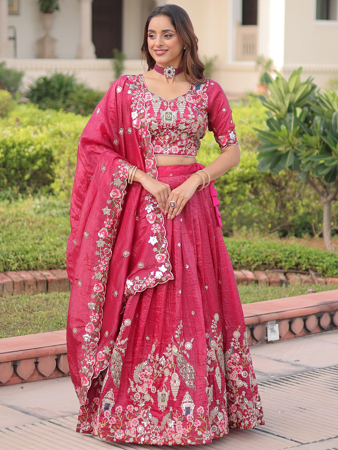 Precious Pink Embroidered Crushed Wedding Wear Lehenga Choli