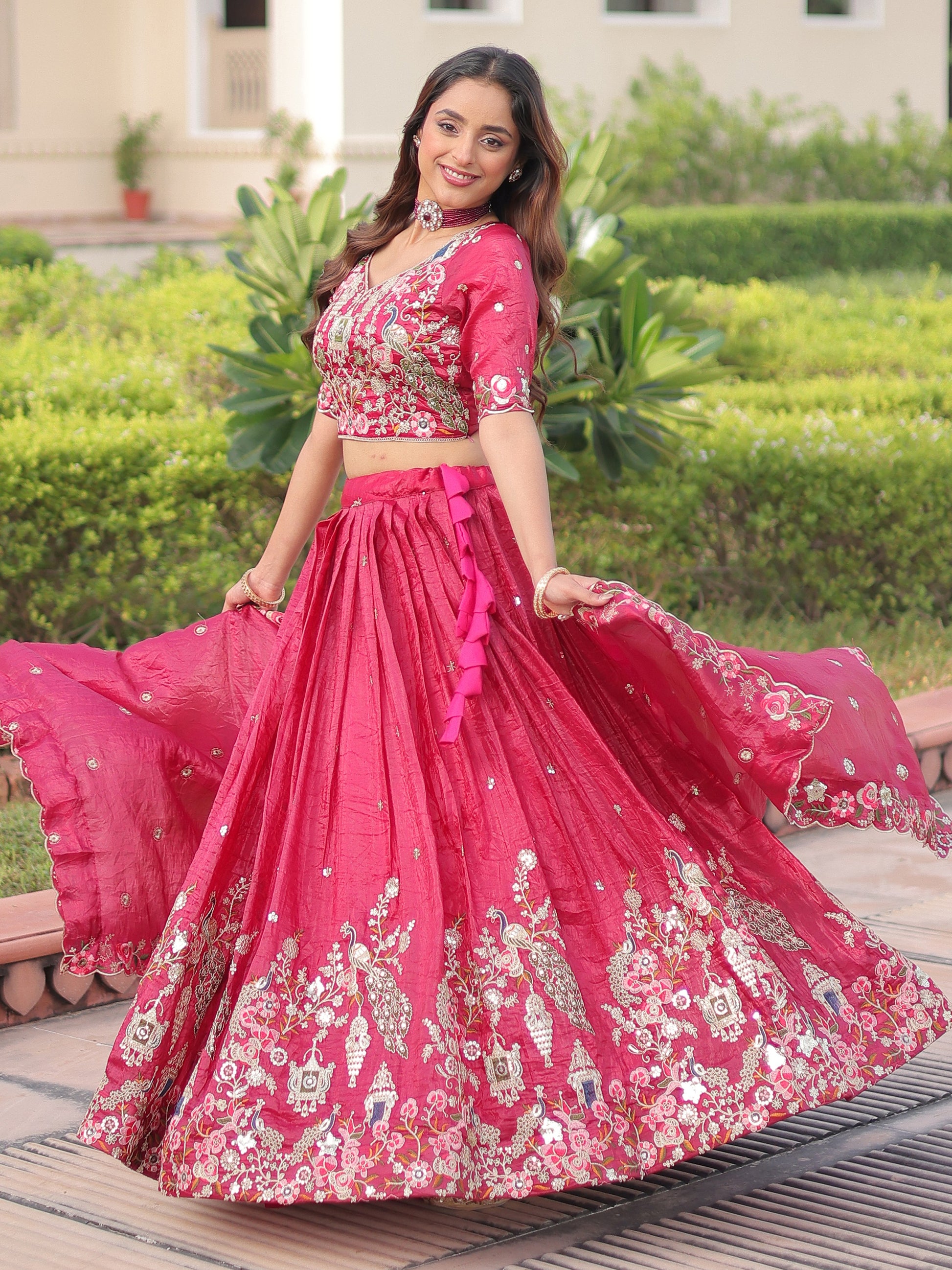 Precious Pink Embroidered Crushed Wedding Wear Lehenga Choli