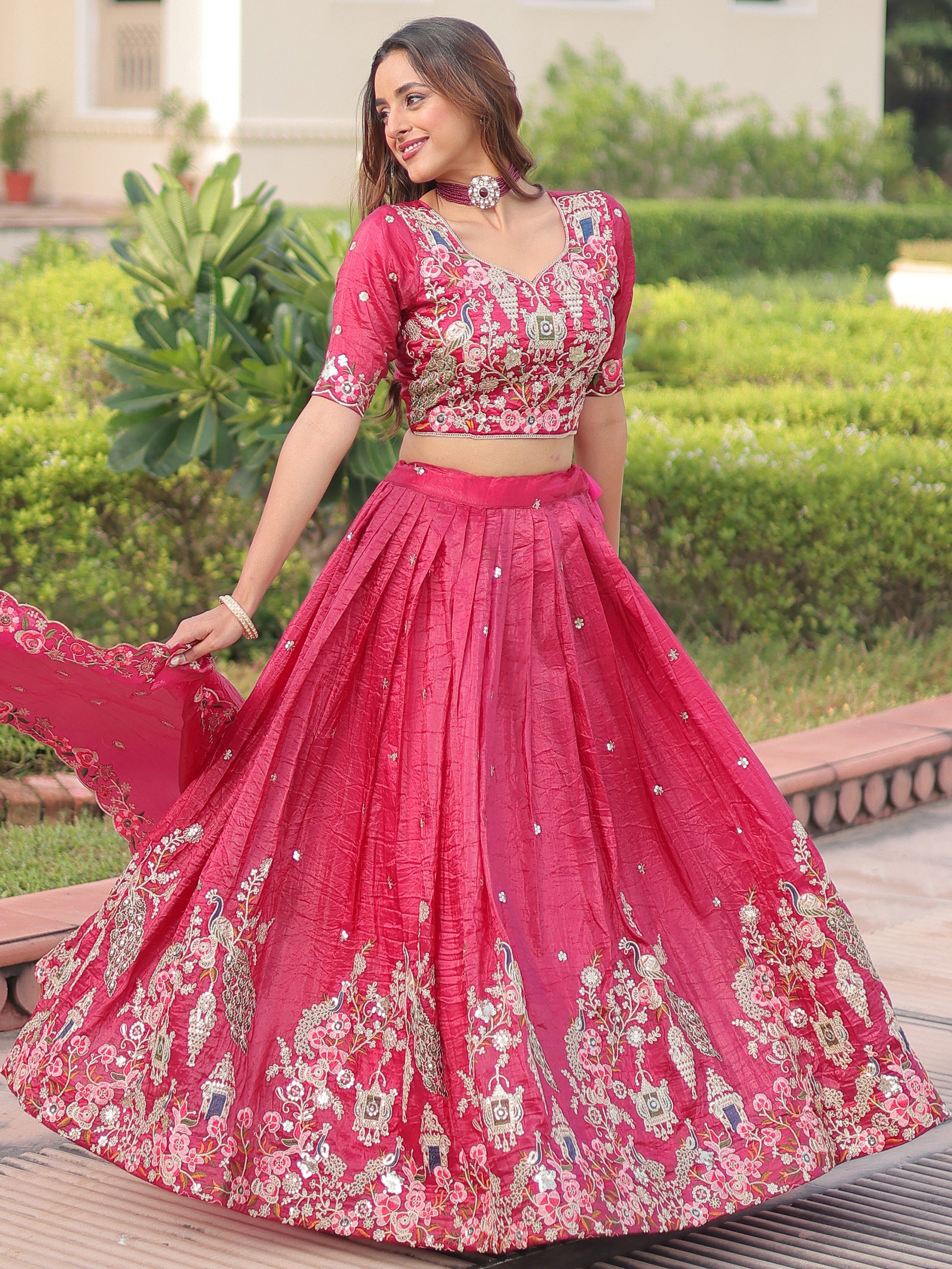 Precious Pink Embroidered Crushed Wedding Wear Lehenga Choli