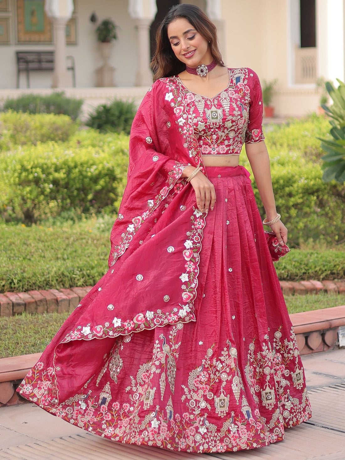 Precious Pink Embroidered Crushed Wedding Wear Lehenga Choli