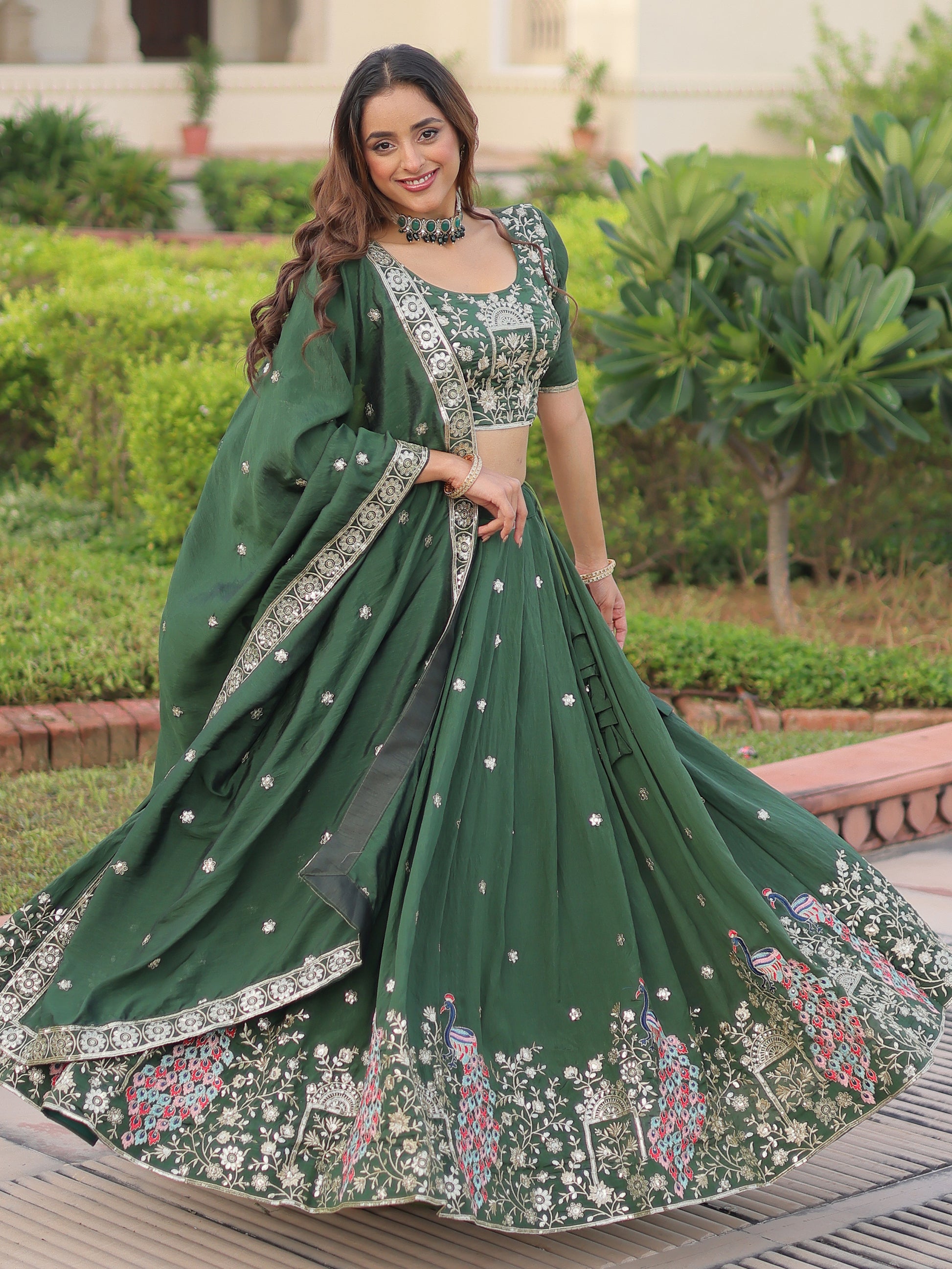 Beautiful Green Thread Embroidered Silk Wedding Lehenga Choli