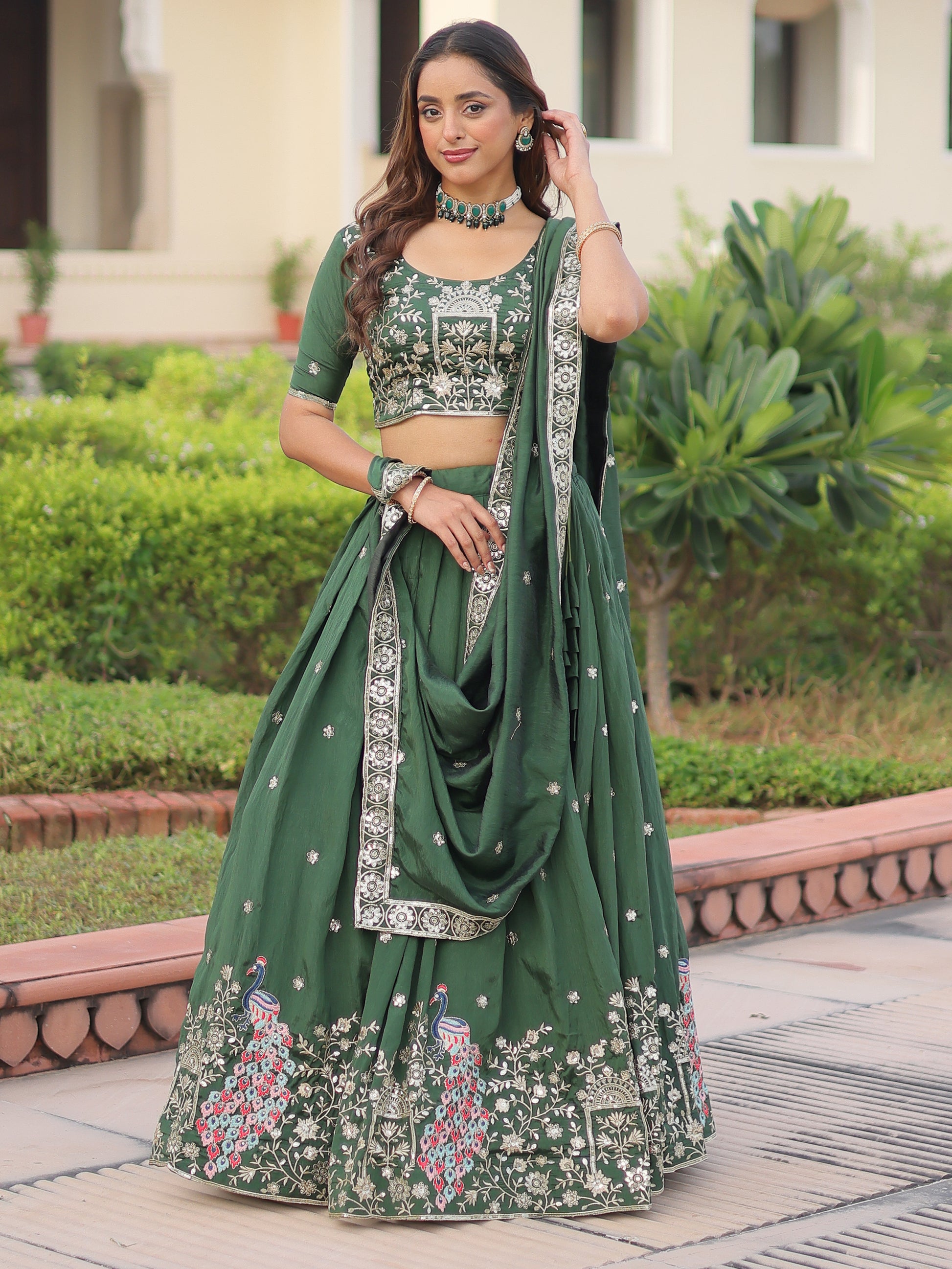 Beautiful Green Thread Embroidered Silk Wedding Lehenga Choli