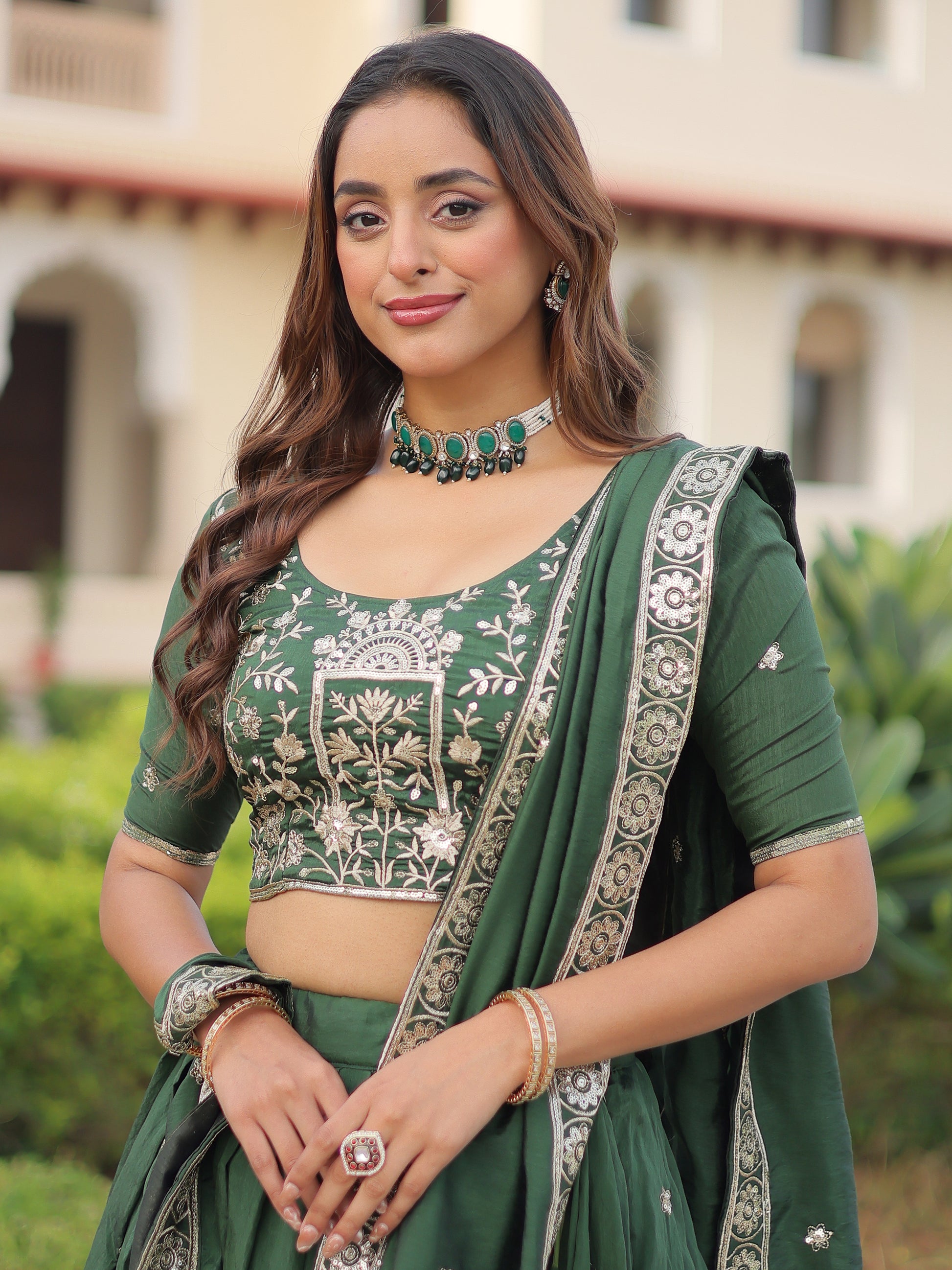 Beautiful Green Thread Embroidered Silk Wedding Lehenga Choli