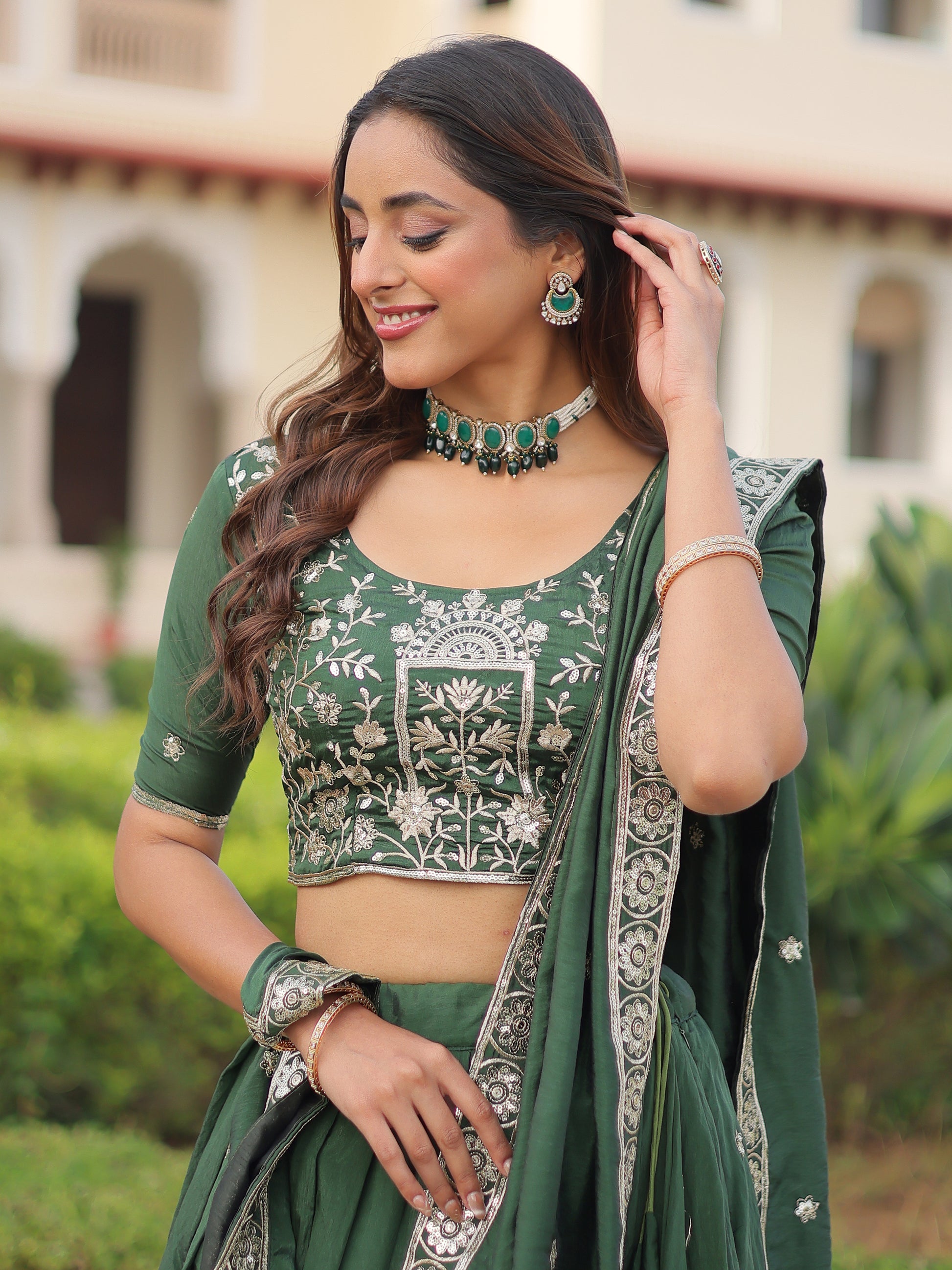 Beautiful Green Thread Embroidered Silk Wedding Lehenga Choli