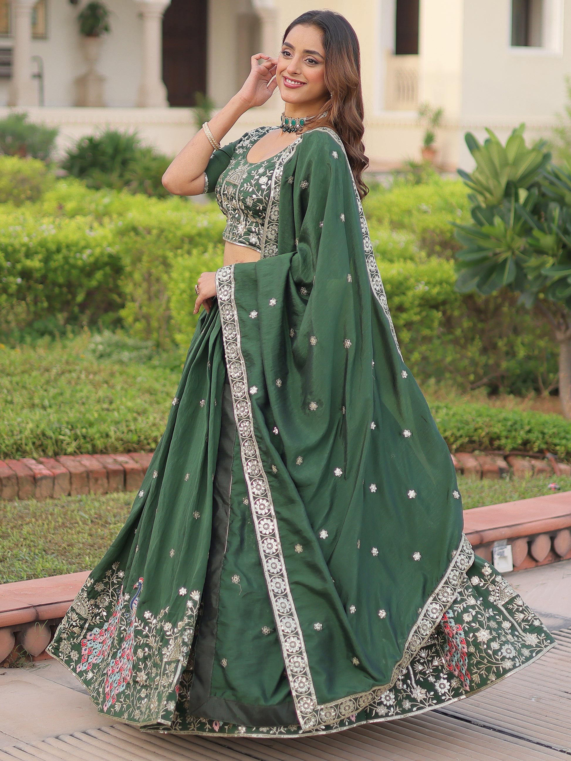 Beautiful Green Thread Embroidered Silk Wedding Lehenga Choli