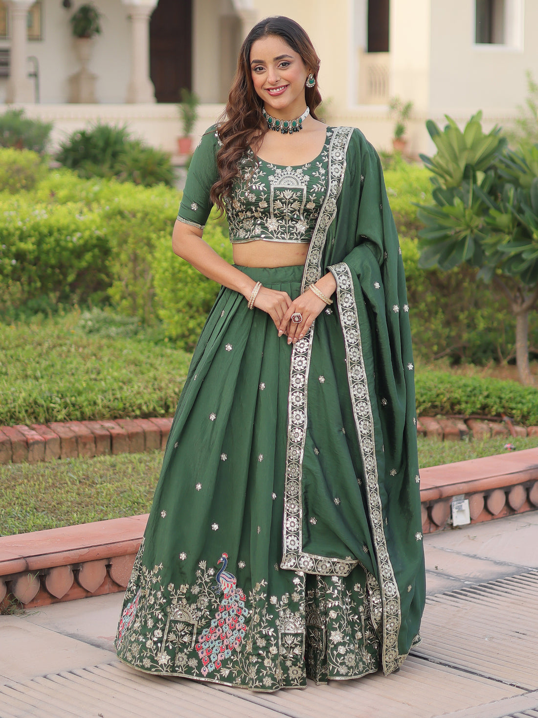 Beautiful Green Thread Embroidered Silk Wedding Lehenga Choli