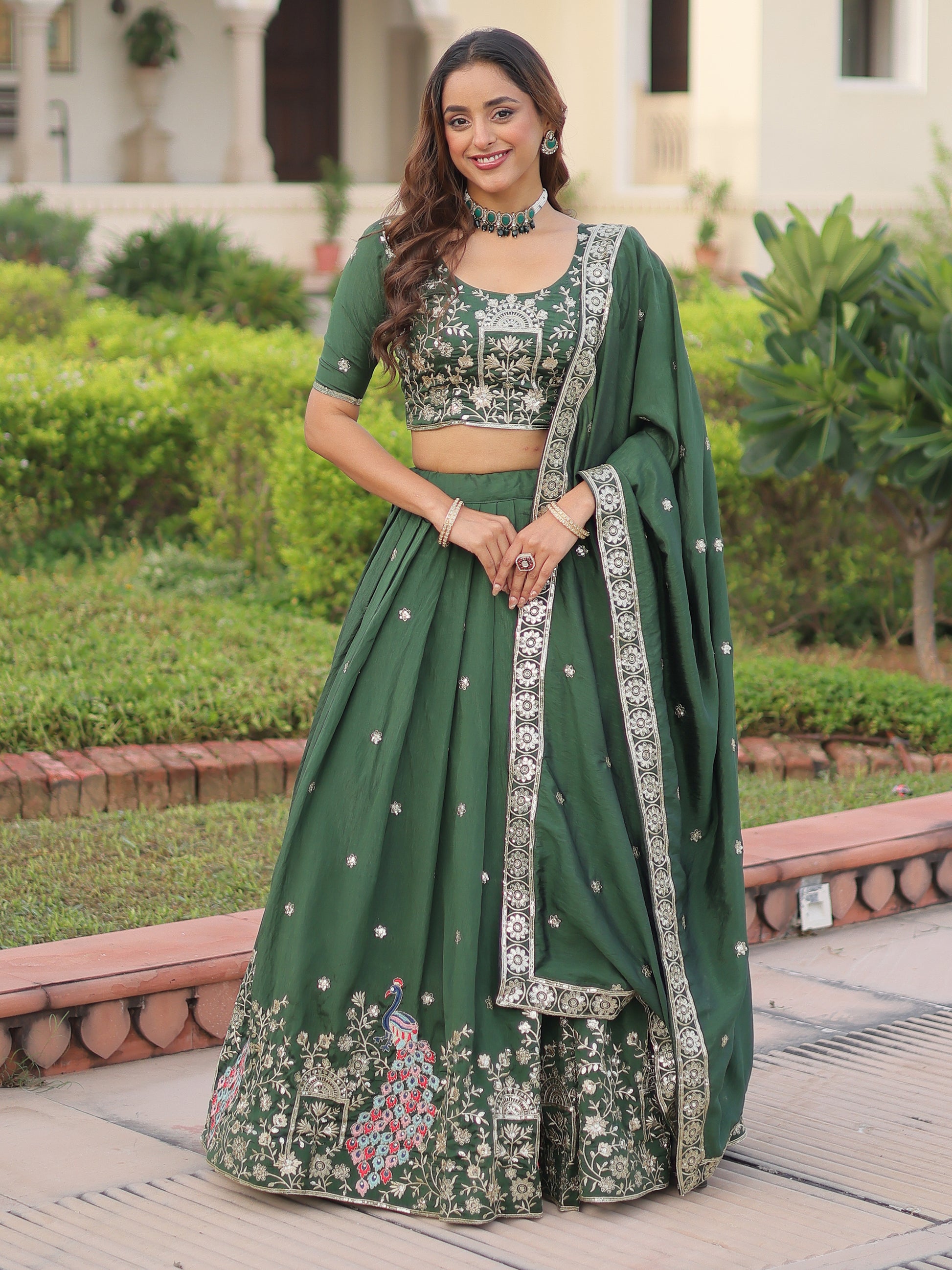 Beautiful Green Thread Embroidered Silk Wedding Lehenga Choli