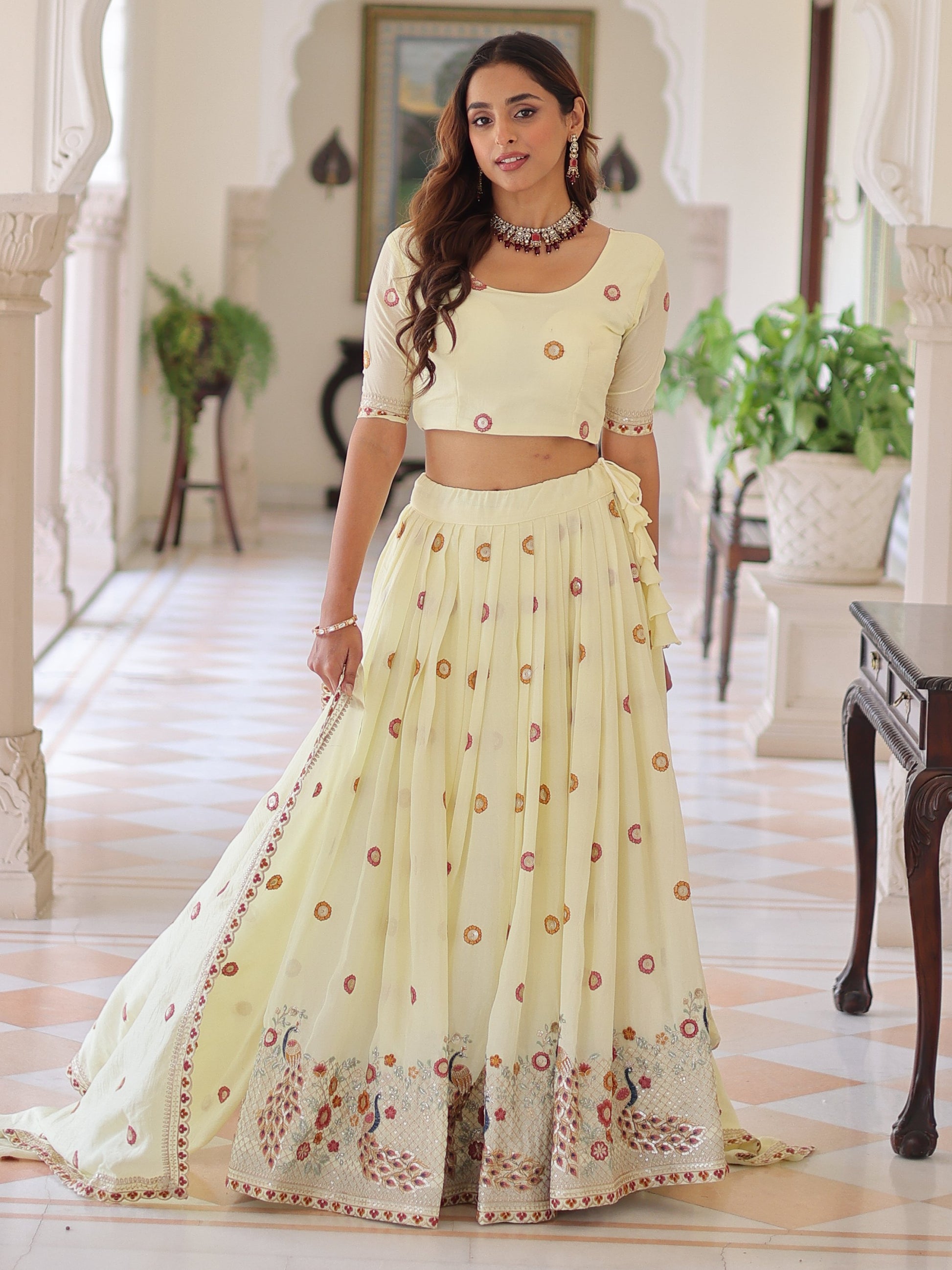 Precious Cream Multi Thread Work Silk Festive Wear Lehenga With Blouse