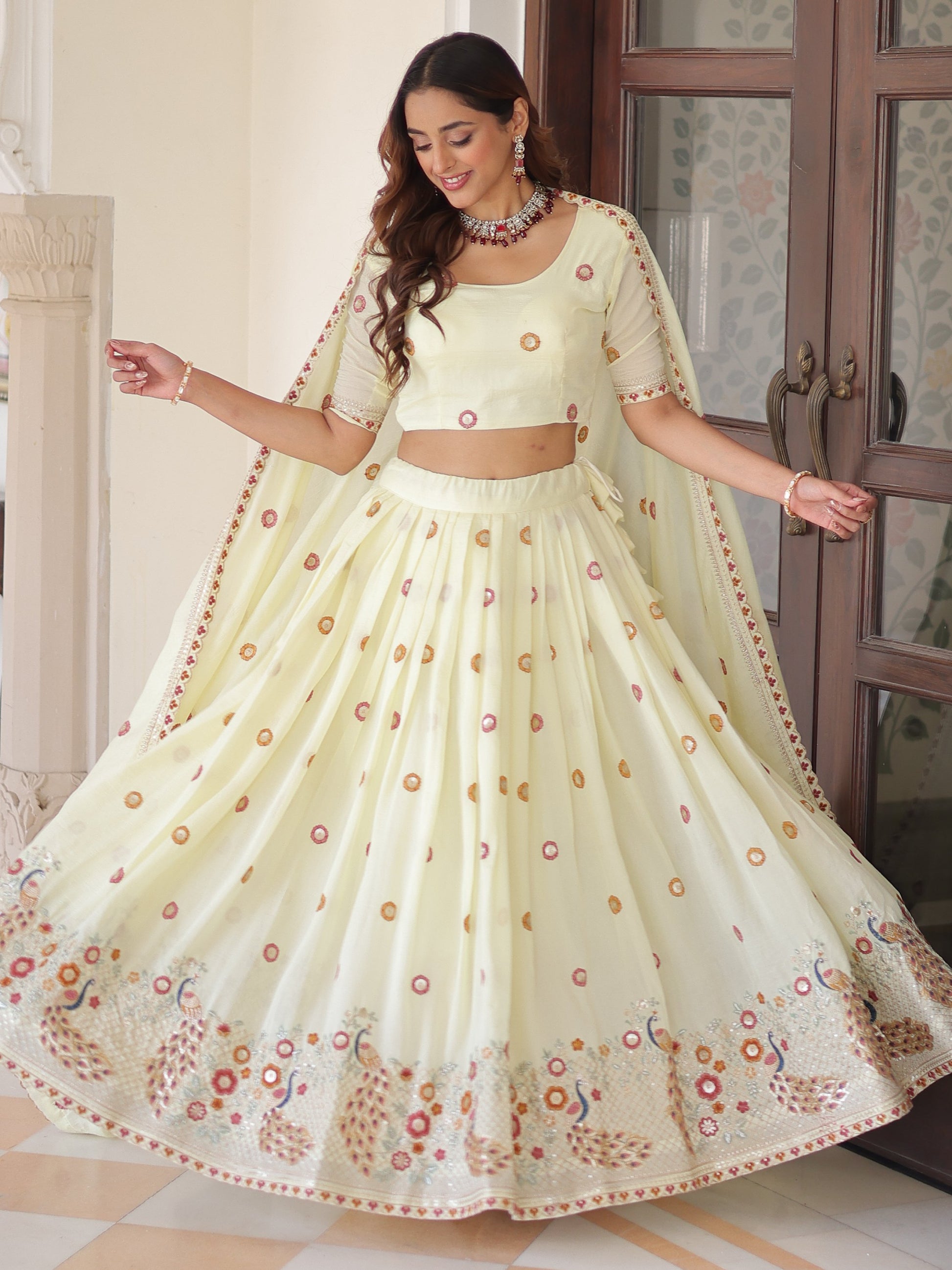 Precious Cream Multi Thread Work Silk Festive Wear Lehenga With Blouse