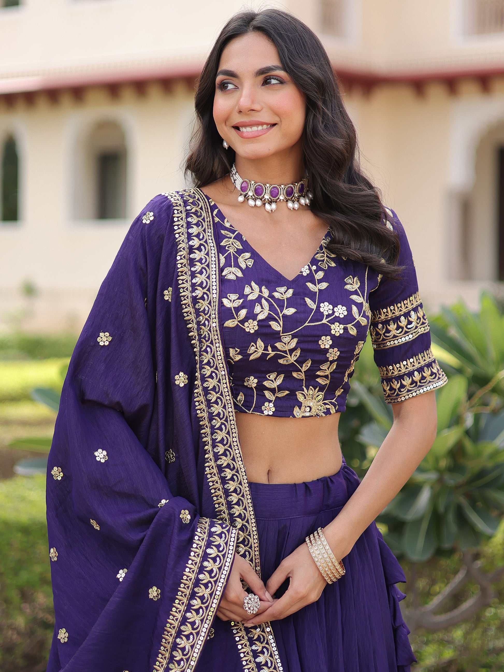 Impressive Purple Zari Embroidery Silk Marriage Wear Lehenga Choli With Dupatta