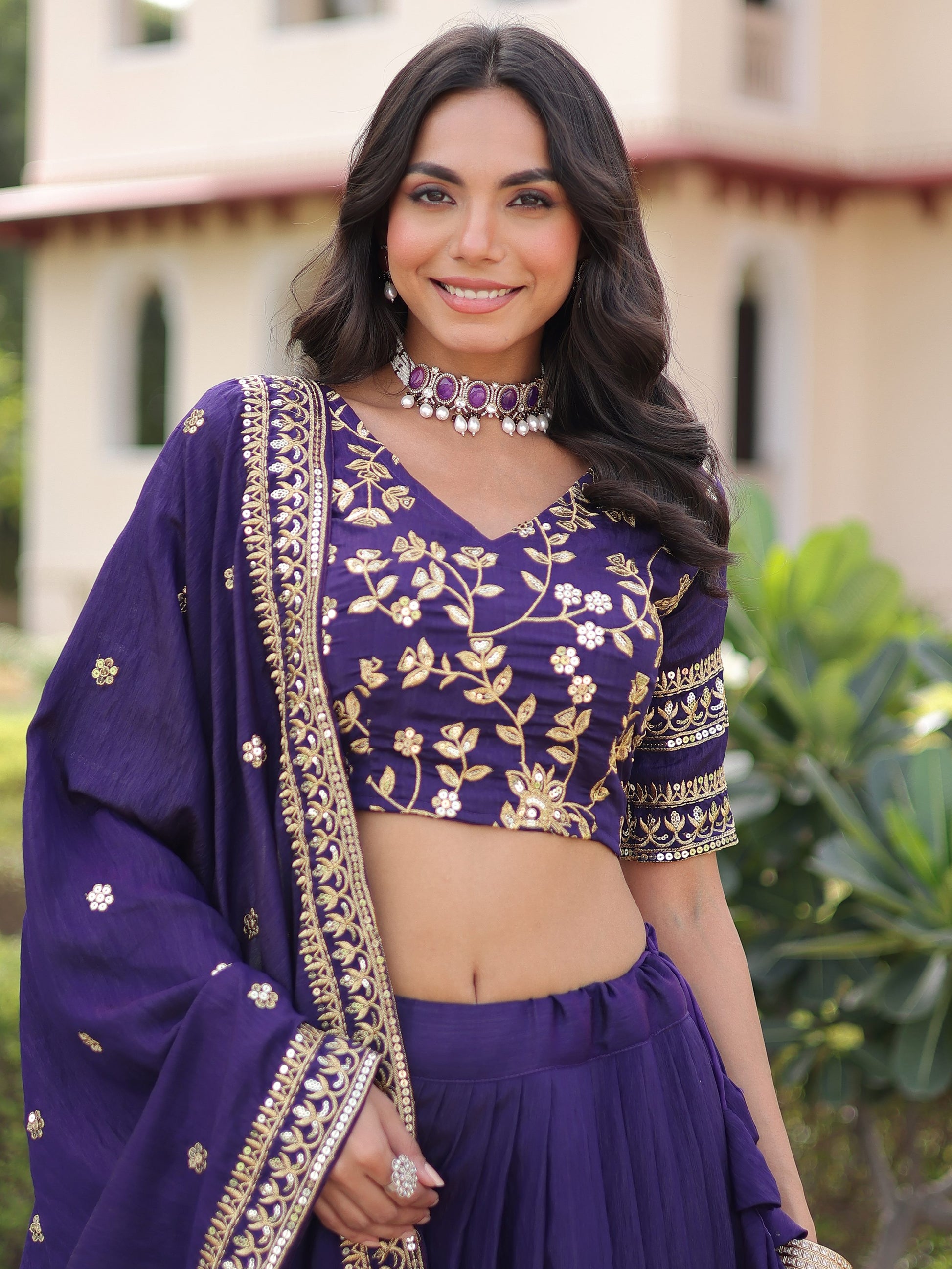 Impressive Purple Zari Embroidery Silk Marriage Wear Lehenga Choli With Dupatta
