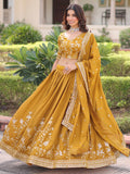 Beautiful Mustard Yellow Sequins Silk Haldi Wear Lehenga Choli With Dupatta