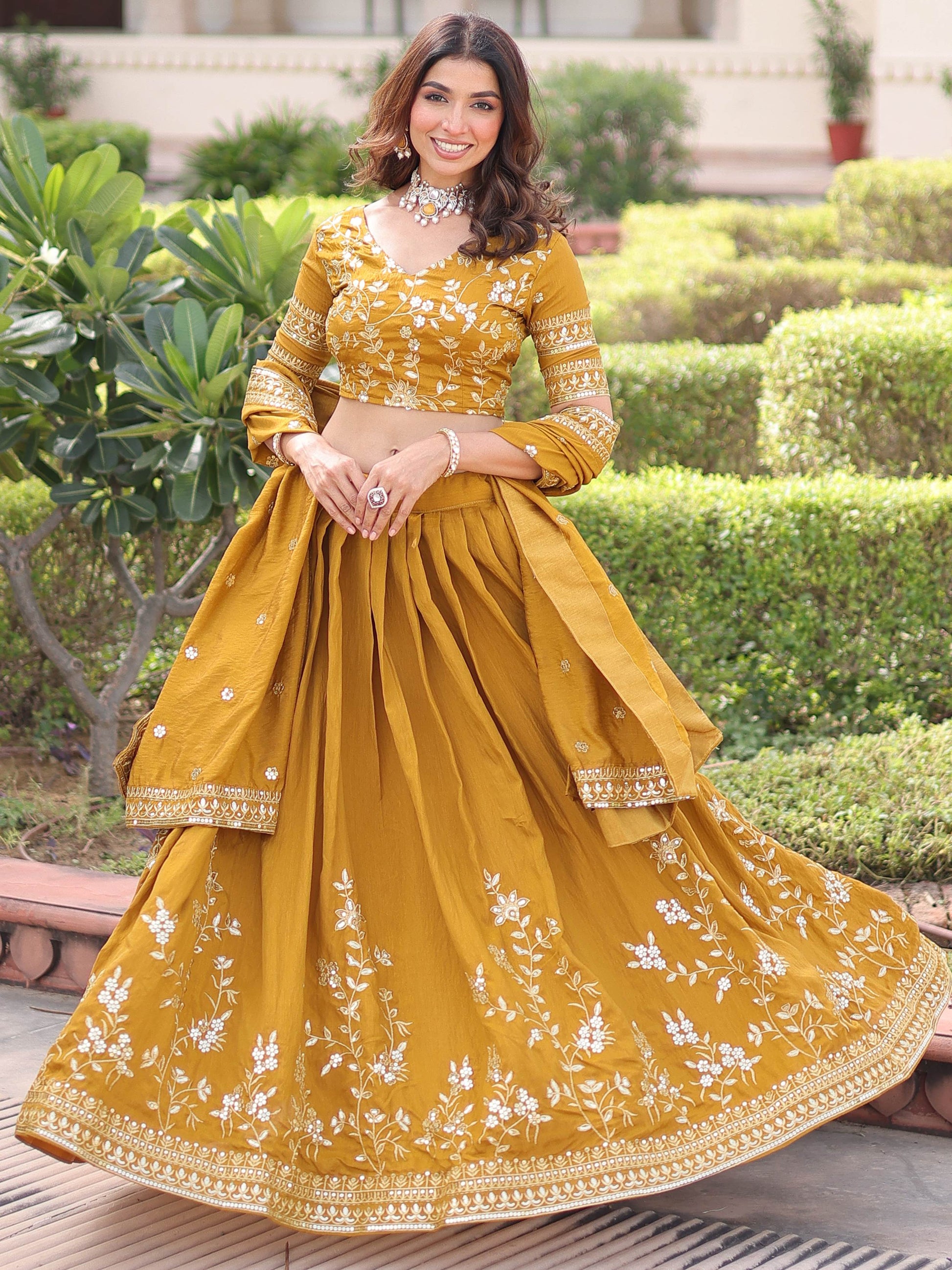 Beautiful Mustard Yellow Sequins Silk Haldi Wear Lehenga Choli With Dupatta