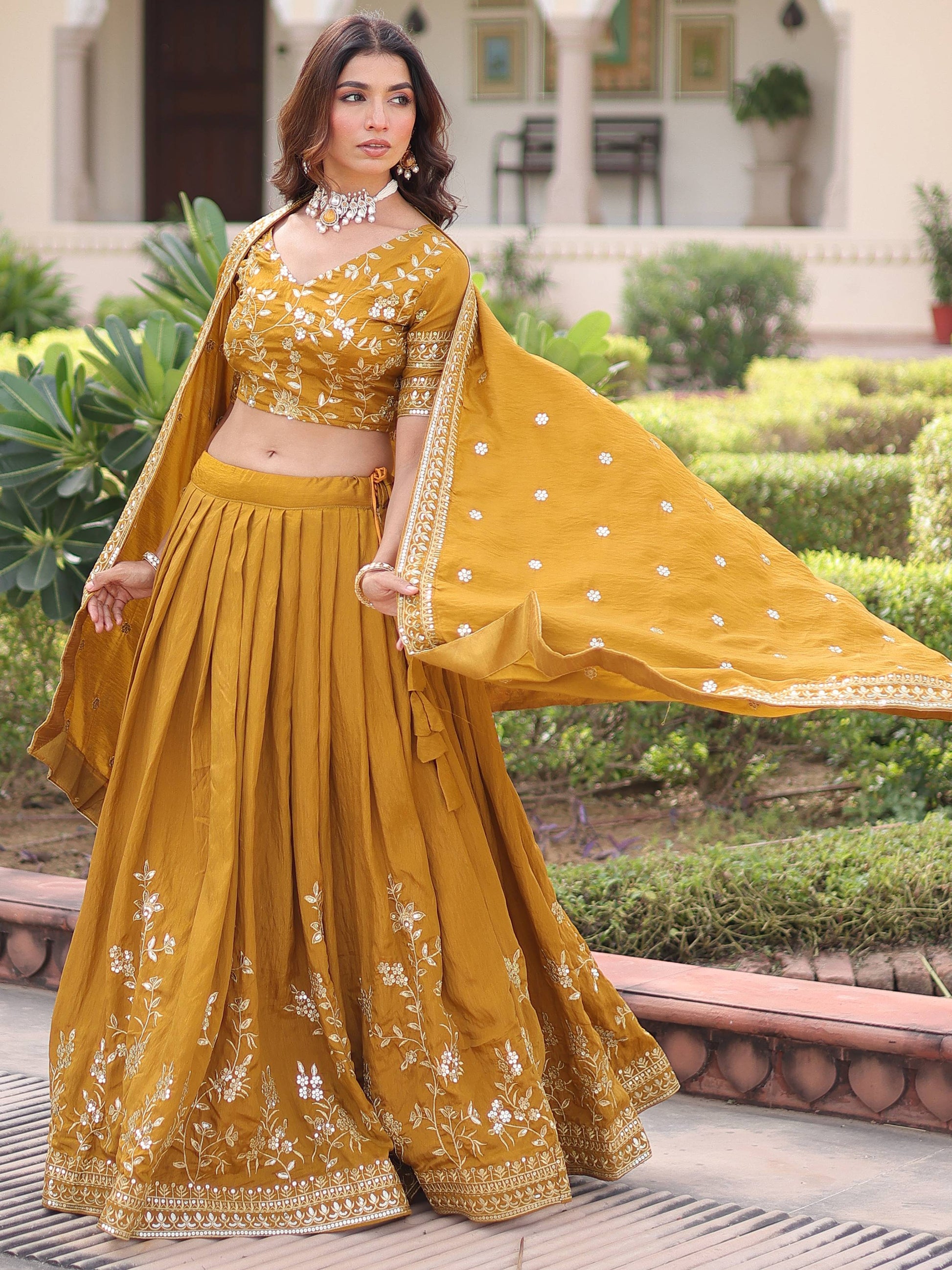 Beautiful Mustard Yellow Sequins Silk Haldi Wear Lehenga Choli With Dupatta