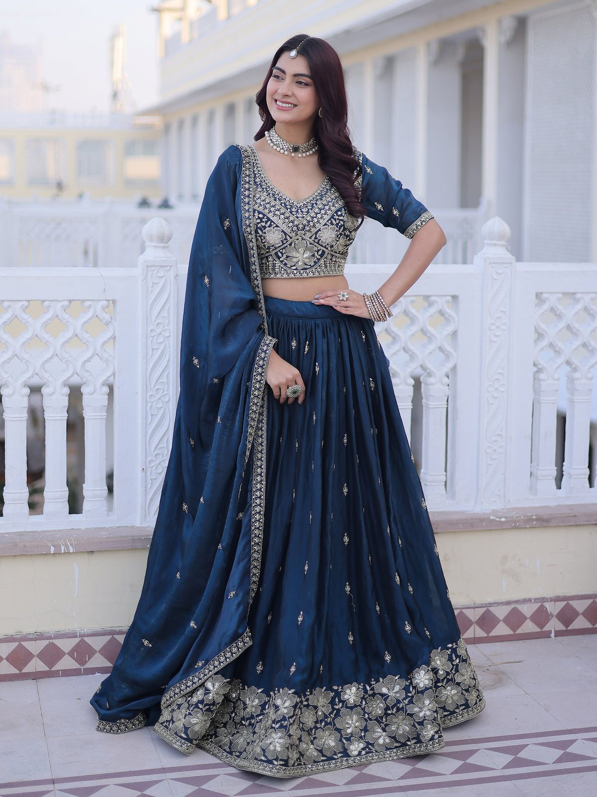 Royal Navy Blue Zari Embroidered Silk Wedding Wear Lehenga Choli