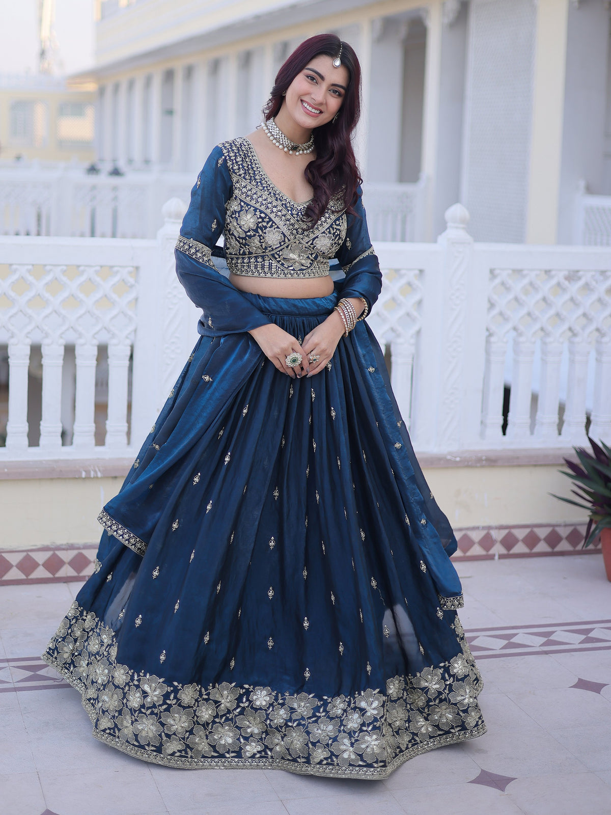 Royal Navy Blue Zari Embroidered Silk Wedding Wear Lehenga Choli