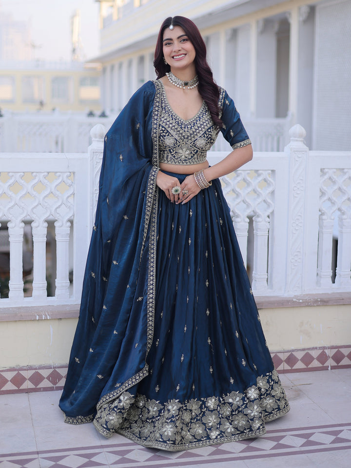 Royal Navy Blue Zari Embroidered Silk Wedding Wear Lehenga Choli
