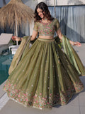 Lovable Olive Green Thread Work Silk Wedding Wear Lehenga Choli