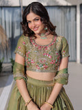 Lovable Olive Green Thread Work Silk Wedding Wear Lehenga Choli