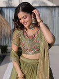 Lovable Olive Green Thread Work Silk Wedding Wear Lehenga Choli