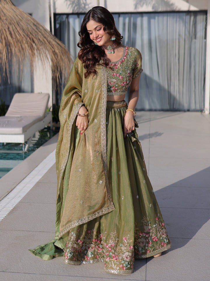 Lovable Olive Green Thread Work Silk Wedding Wear Lehenga Choli