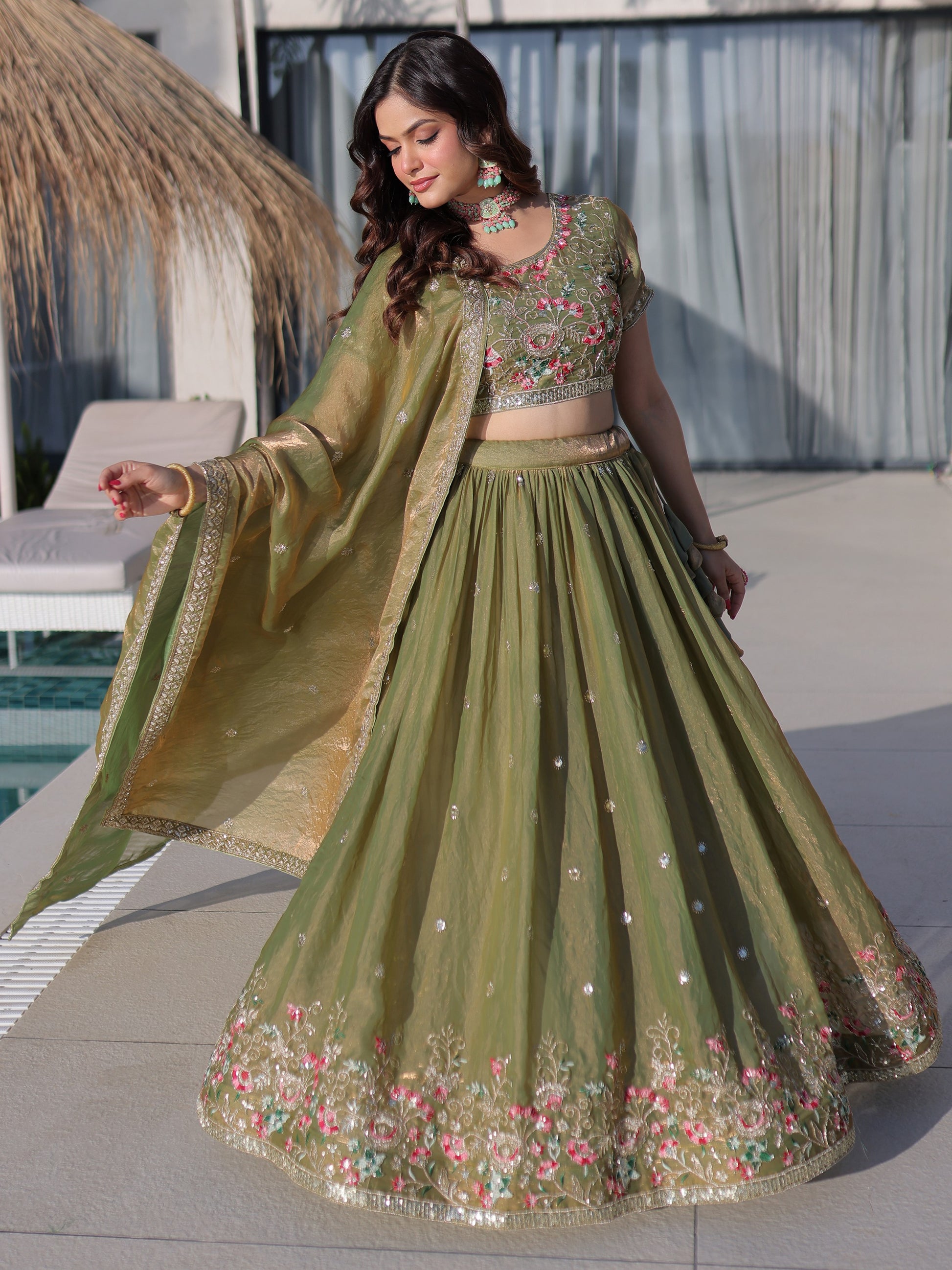 Lovable Olive Green Thread Work Silk Wedding Wear Lehenga Choli