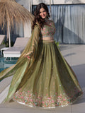 Lovable Olive Green Thread Work Silk Wedding Wear Lehenga Choli