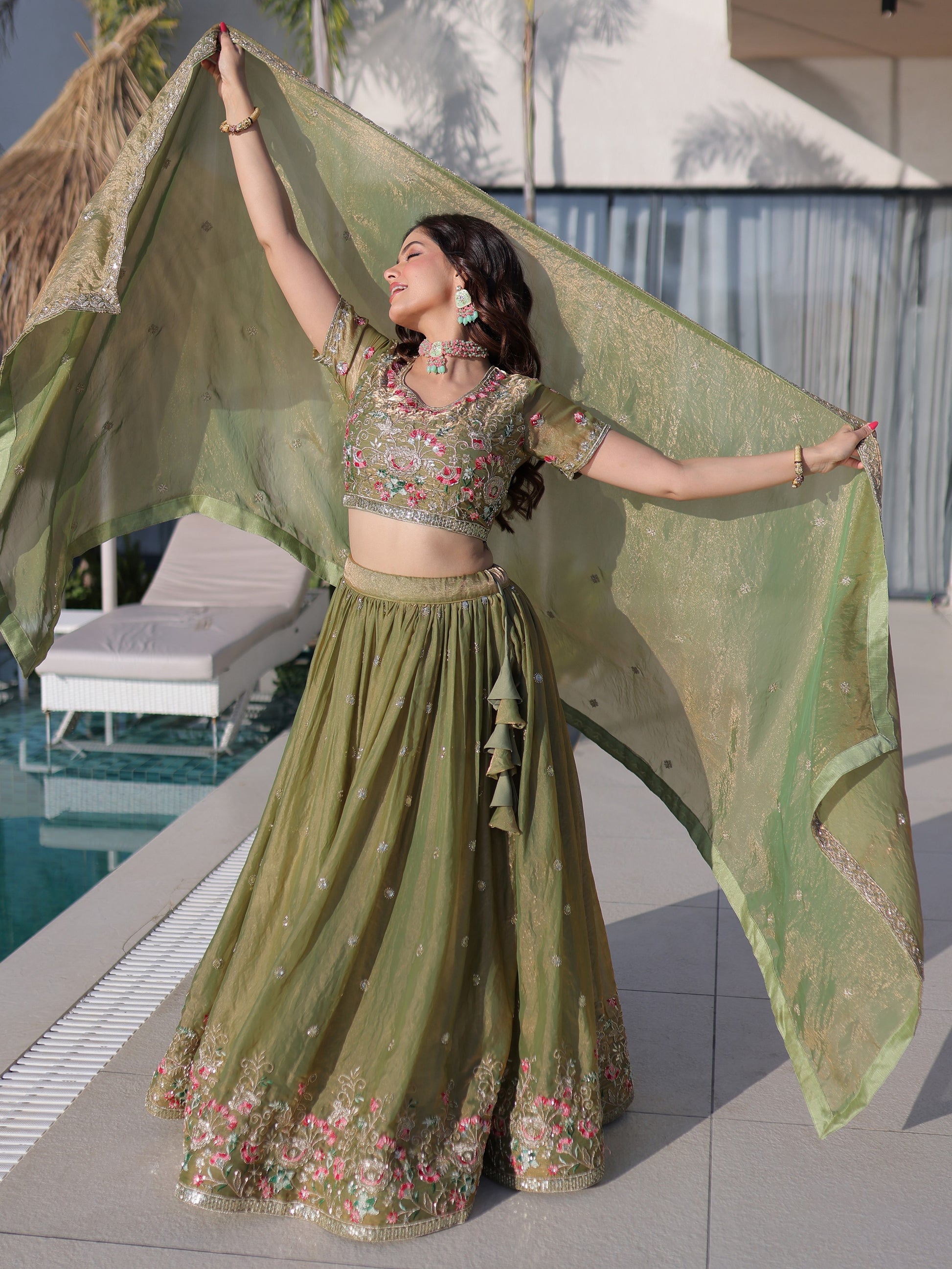 Lovable Olive Green Thread Work Silk Wedding Wear Lehenga Choli