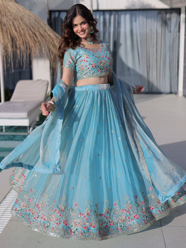 Attractive Sky Blue Thread Work Silk Festival Wear Lehenga Choli
