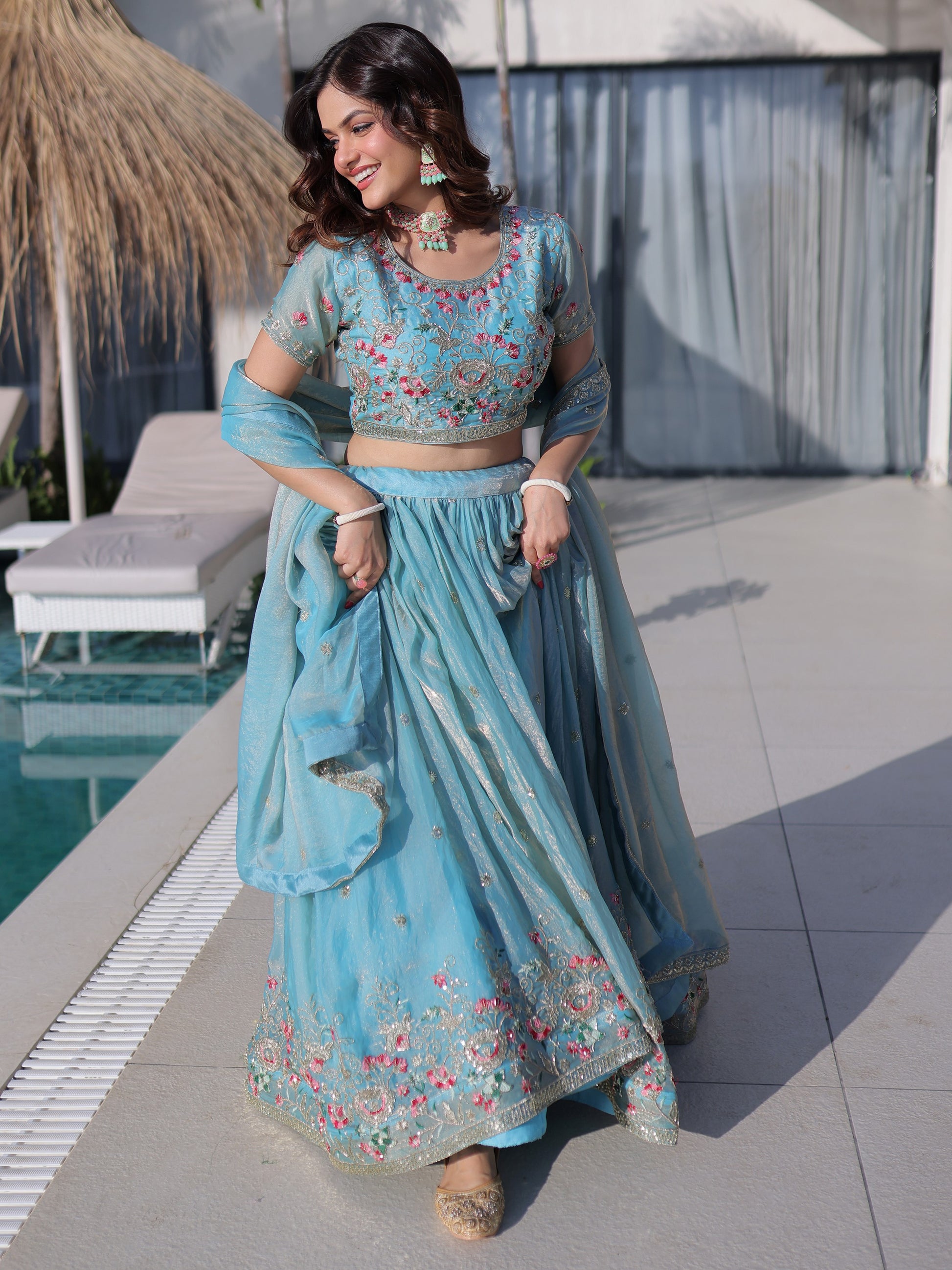 Attractive Sky Blue Thread Work Silk Festival Wear Lehenga Choli