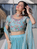 Attractive Sky Blue Thread Work Silk Festival Wear Lehenga Choli