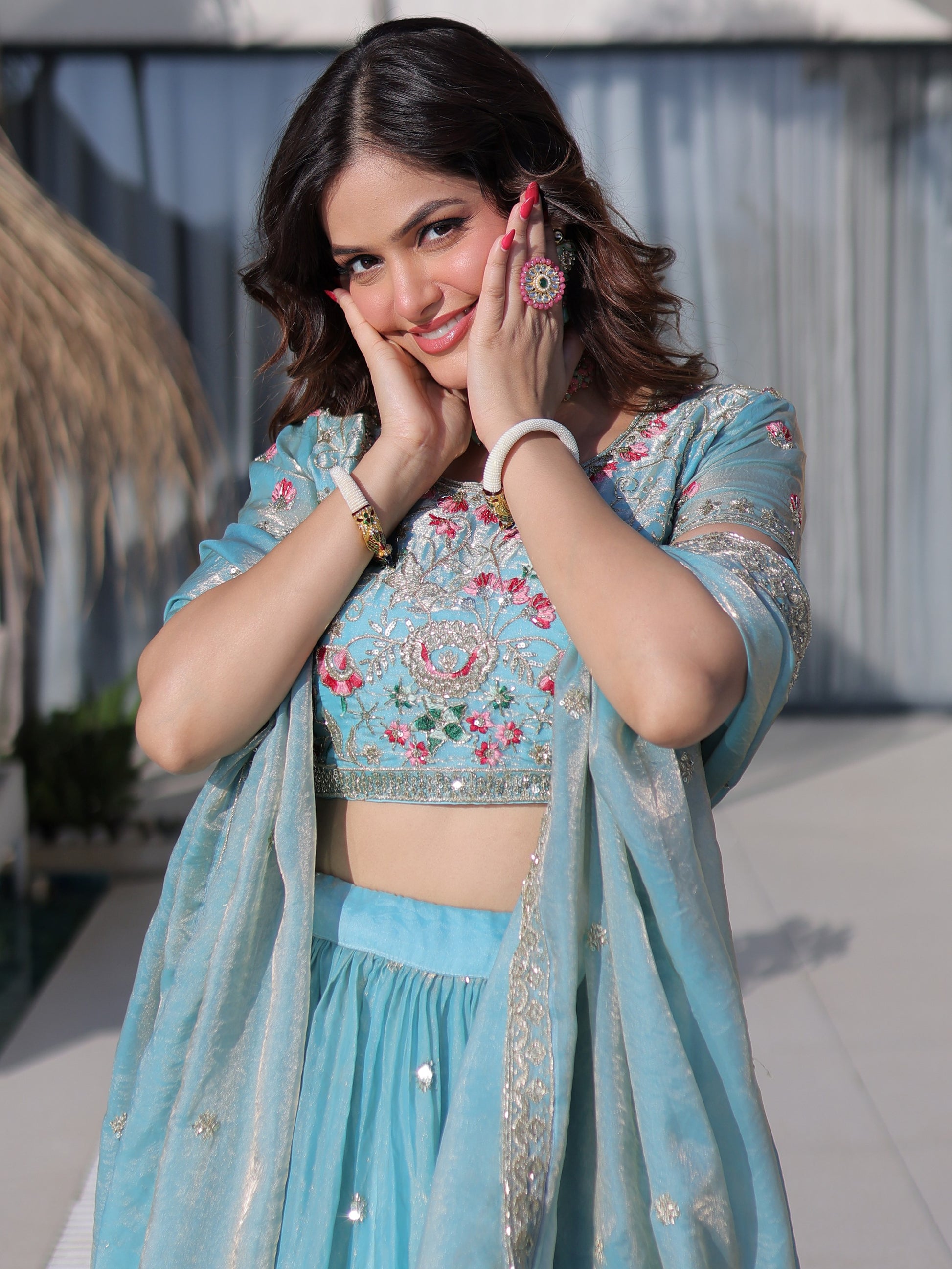 Attractive Sky Blue Thread Work Silk Festival Wear Lehenga Choli
