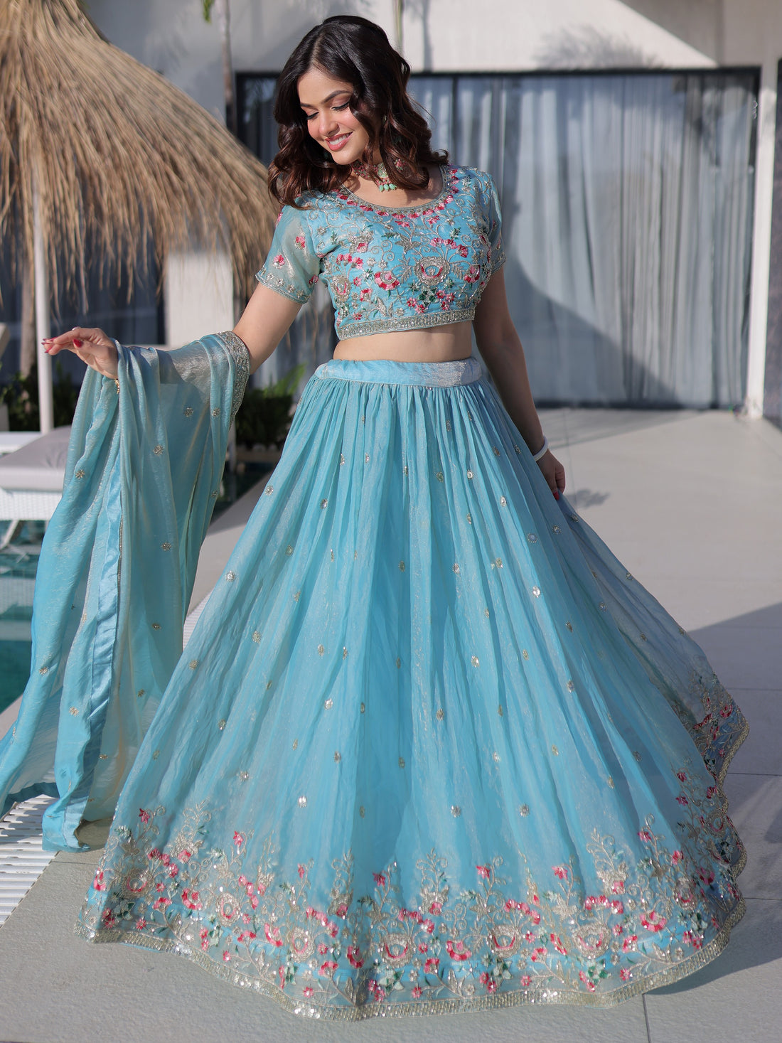 Attractive Sky Blue Thread Work Silk Festival Wear Lehenga Choli