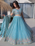 Attractive Sky Blue Thread Work Silk Festival Wear Lehenga Choli
