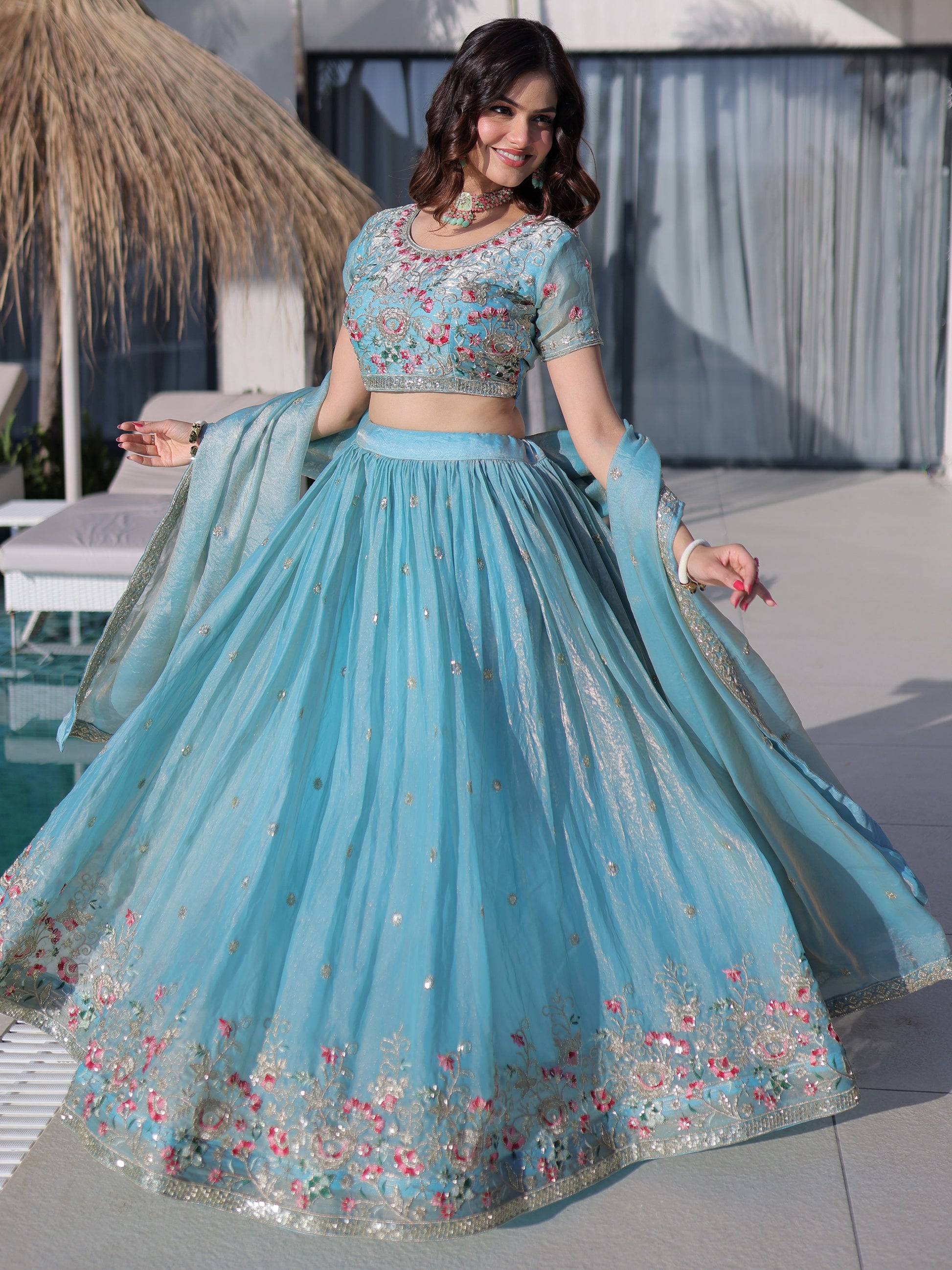 Attractive Sky Blue Thread Work Silk Festival Wear Lehenga Choli