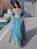 Attractive Sky Blue Thread Work Silk Festival Wear Lehenga Choli