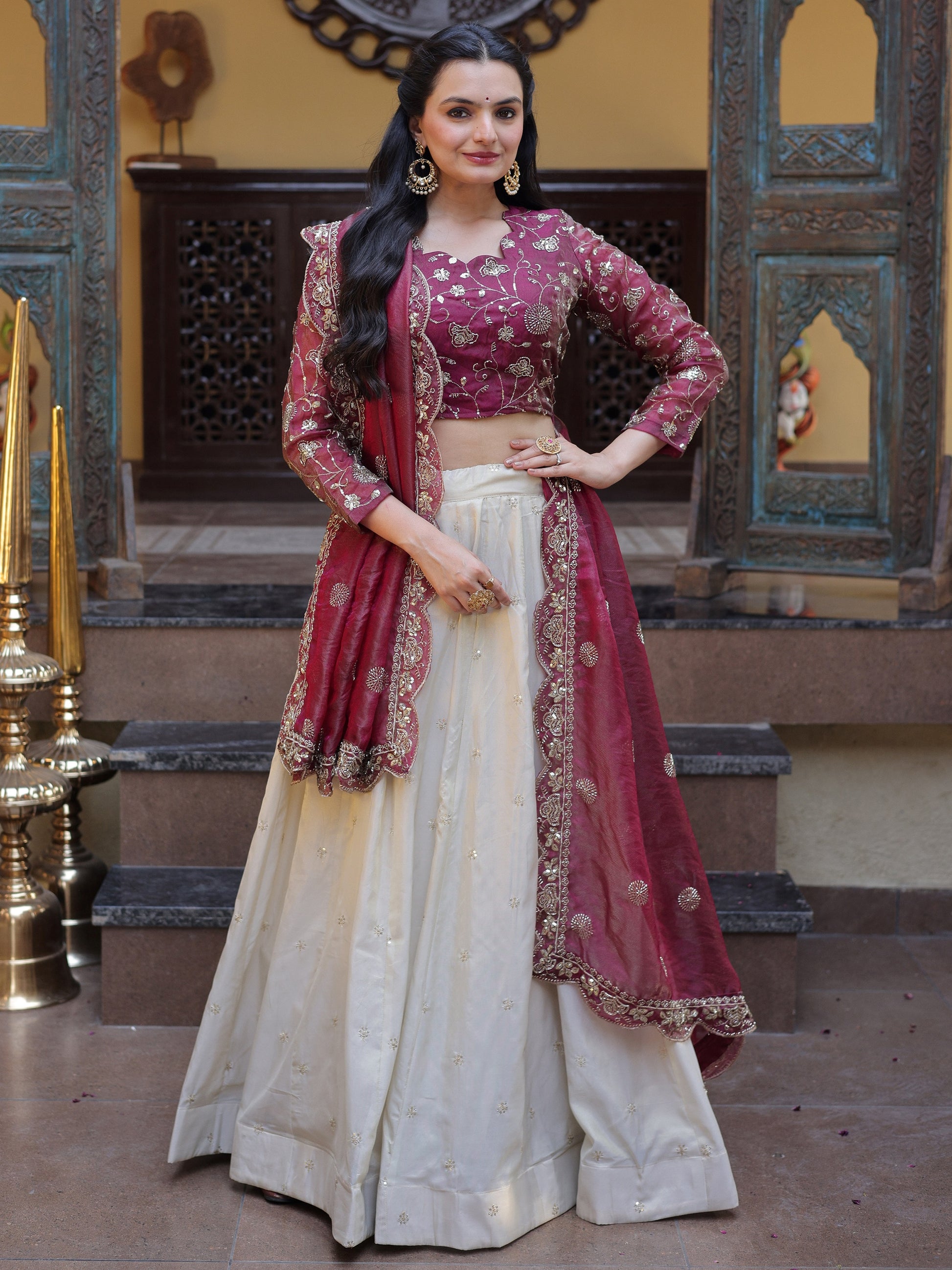 Glowing Cream Zari Embroidered Silk Wedding Wear Lehenga Choli