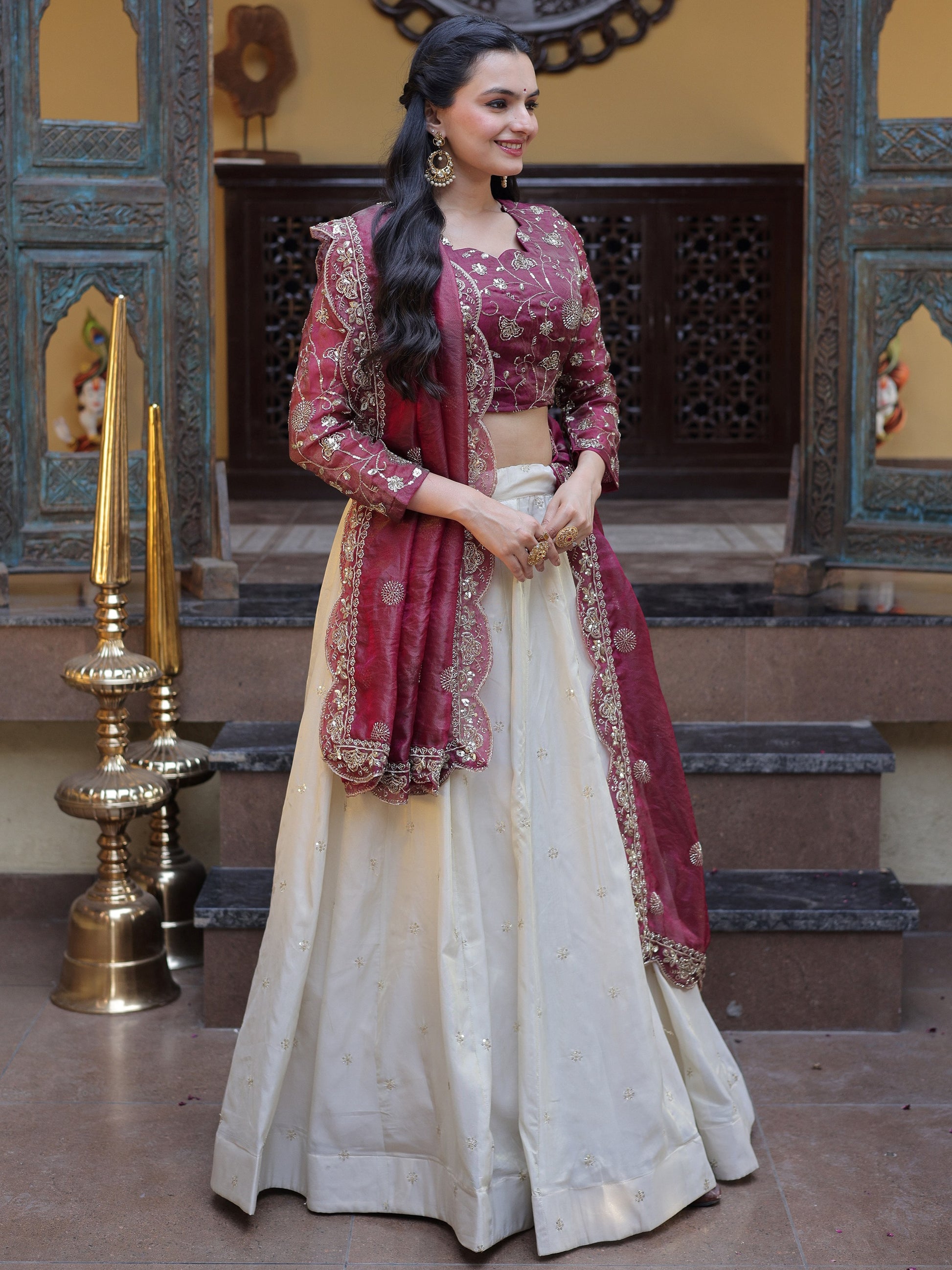 Glowing Cream Zari Embroidered Silk Wedding Wear Lehenga Choli