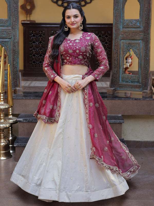 Glowing Cream Zari Embroidered Silk Wedding Wear Lehenga Choli