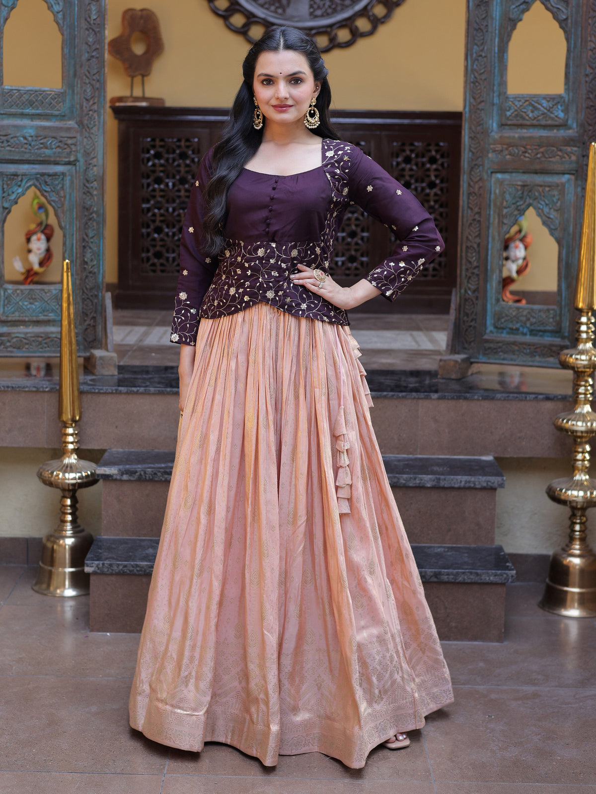 Fabulous Peach Sequins Work Jacquard Wedding Wear Lehenga Choli