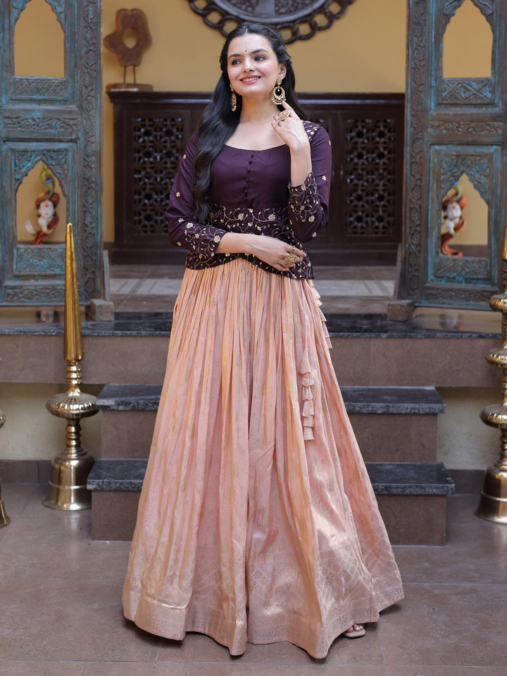 Fabulous Peach Sequins Work Jacquard Wedding Wear Lehenga Choli