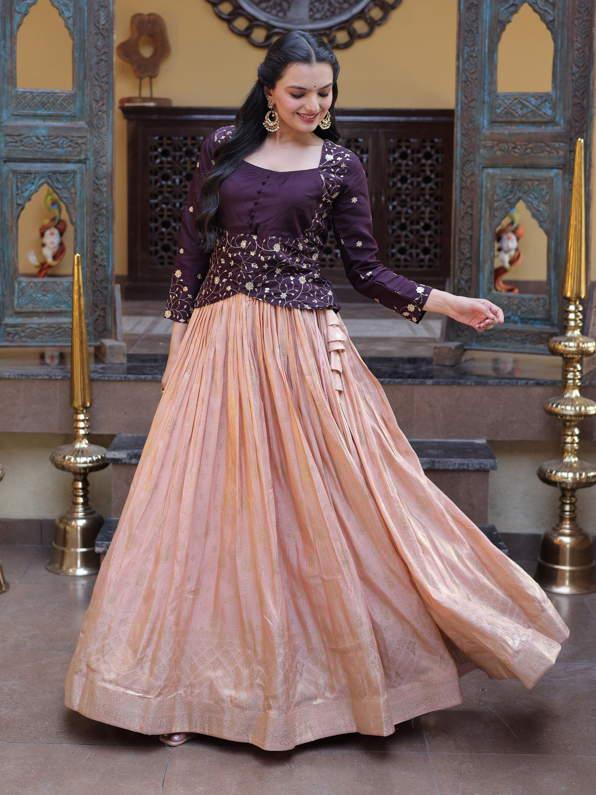 Fabulous Peach Sequins Work Jacquard Wedding Wear Lehenga Choli