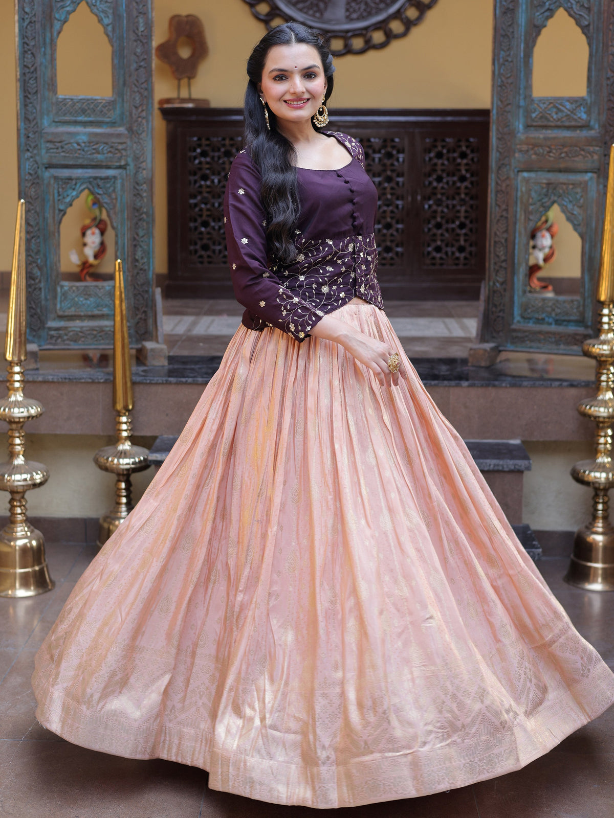 Fabulous Peach Sequins Work Jacquard Wedding Wear Lehenga Choli