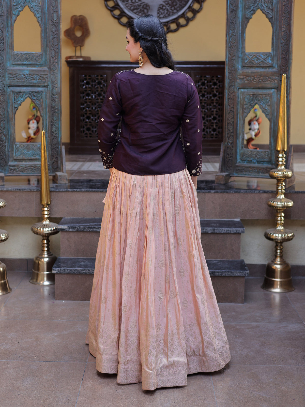 Fabulous Peach Sequins Work Jacquard Wedding Wear Lehenga Choli