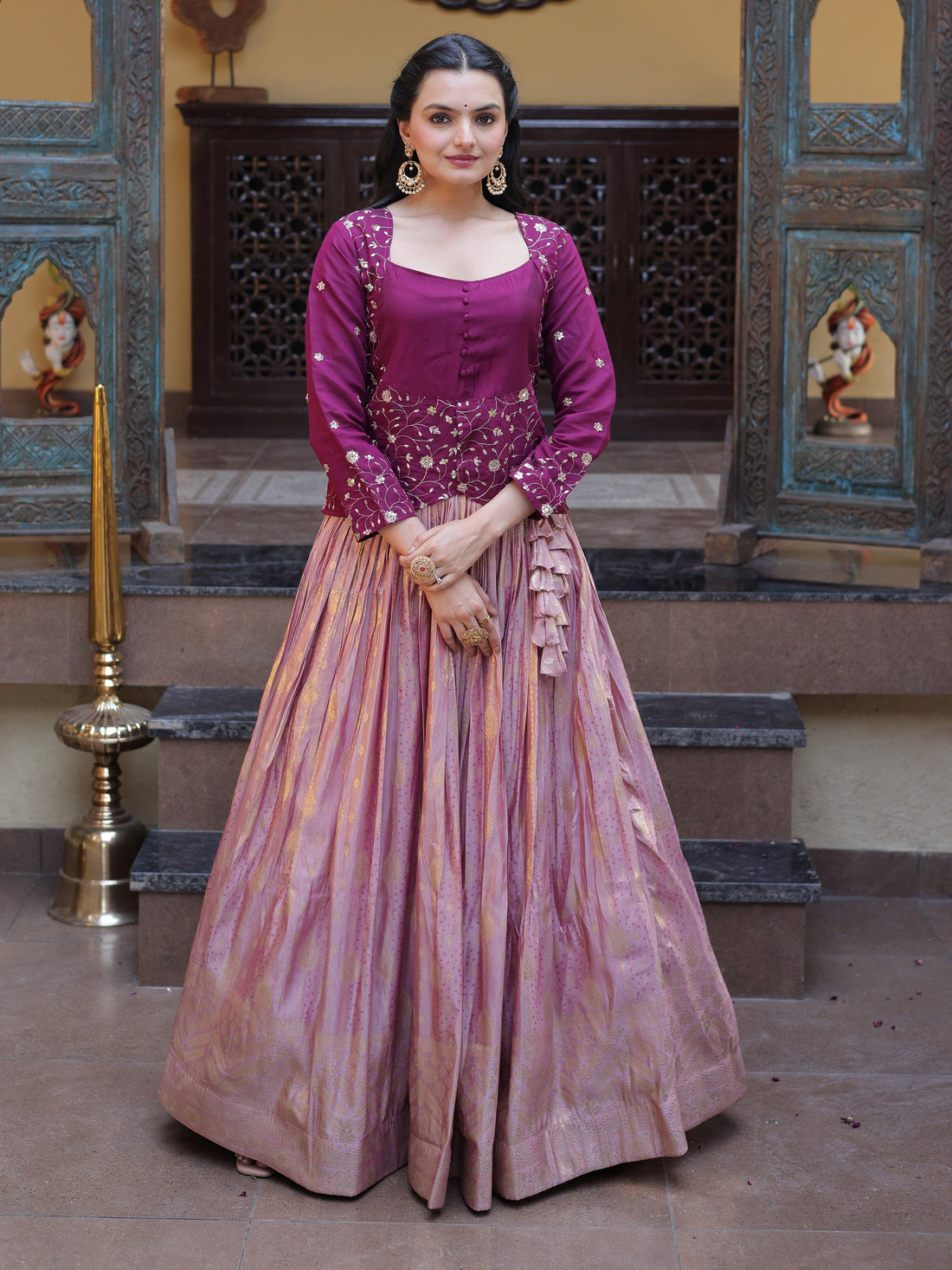Enchanting Magenta Embroidered Jacquard Festive Wear Lehenga Choli