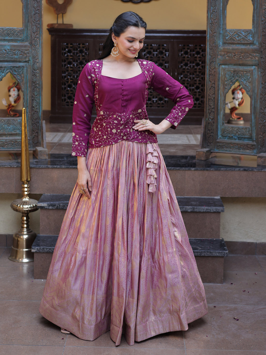 Enchanting Magenta Embroidered Jacquard Festive Wear Lehenga Choli