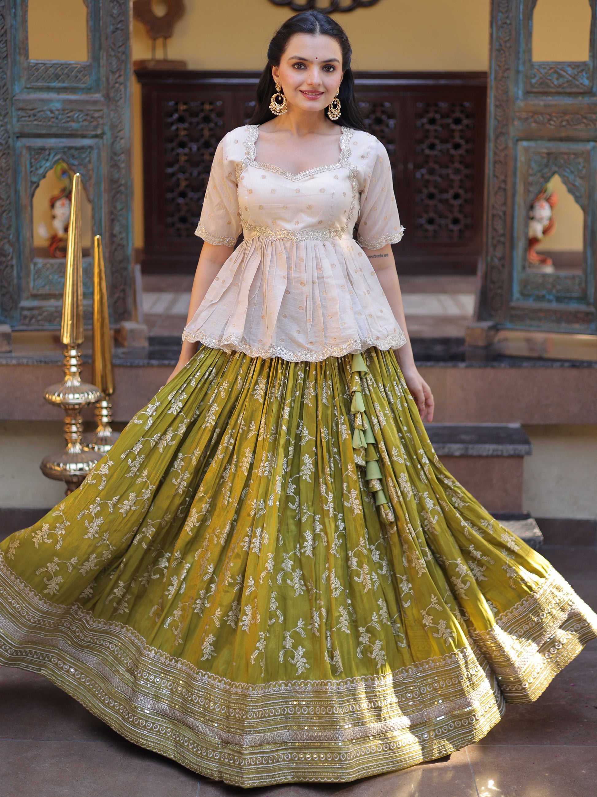 Charming Parrot Green Embroidery Silk Festival Wear Lehenga Choli