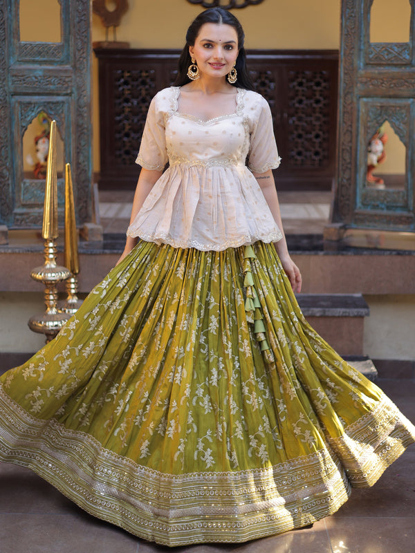 Charming Parrot Green Embroidery Silk Festival Wear Lehenga Choli